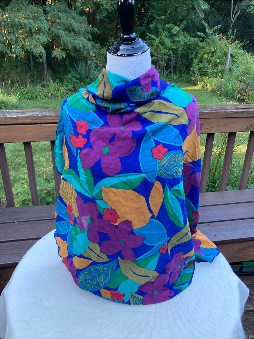 Vintage 80s 90s Large Square Silk Feel Tropical Floral Scarf 34” Colorful